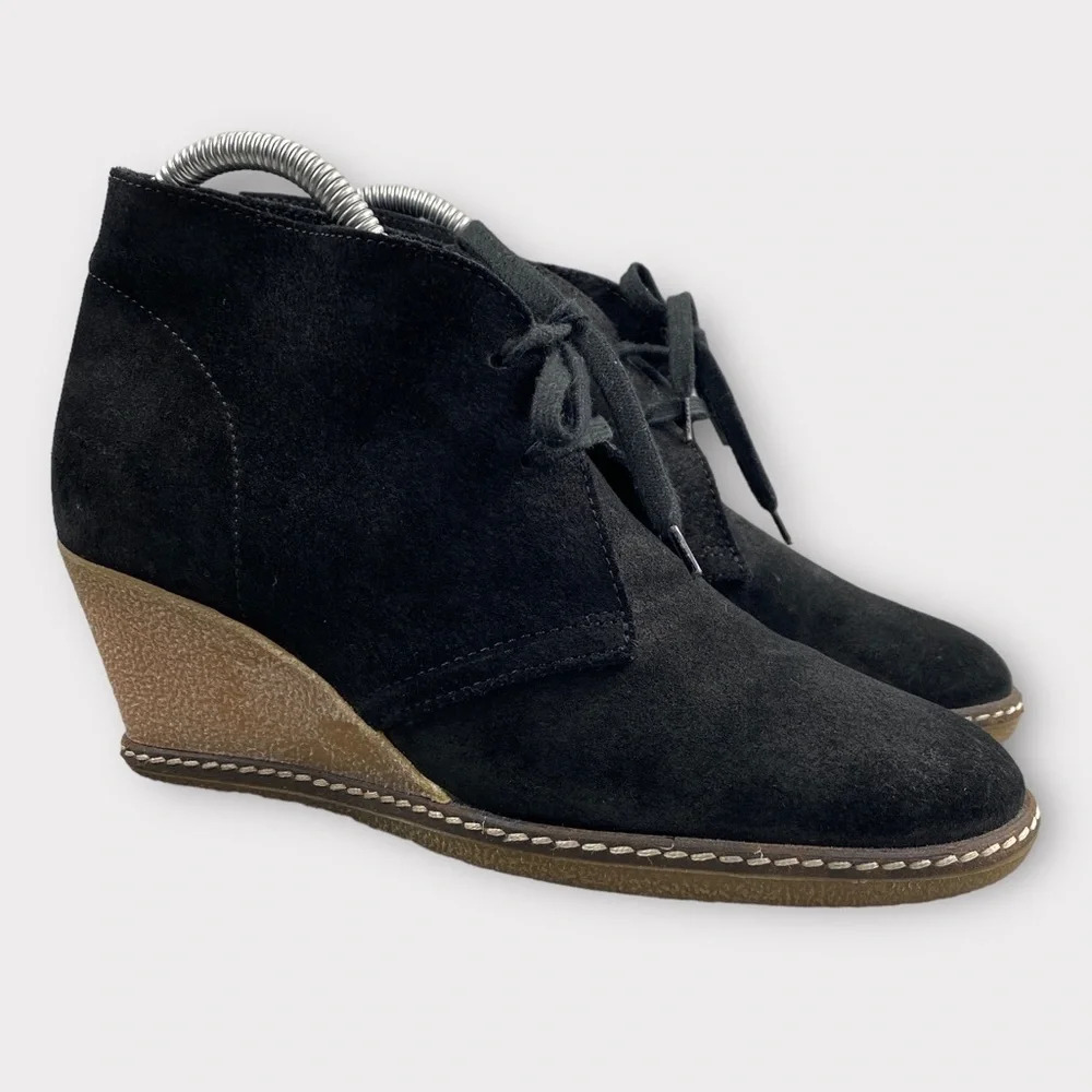 J Crew‎ McAlister Bootie Womens 8 Wedge Ankle Black Suede Boots Lace Up Italy